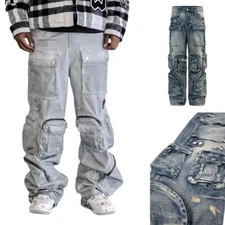 FIRST ROW Men's Essential Y2k Wide Fit Utility Cargo Baggy Denim Pants FRD3115