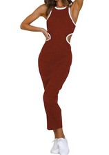 Womens Dresses Summer Mid Sleeveless Open Back Hollow Pullover Brown Size S