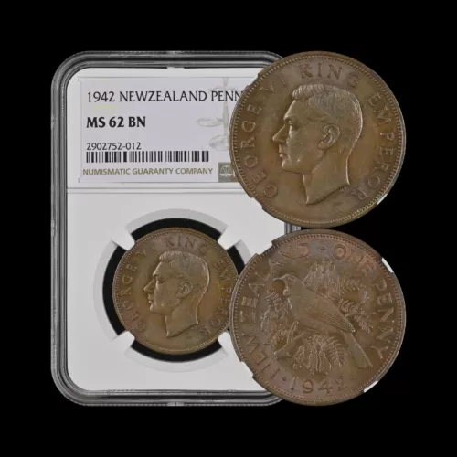 NEW ZEALAND. 1942, Penny - NGC MS62 - KGVI, Tui Bird in Kowhai Tree, Key Date