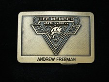 RC01122 VINTAGE 1980s  NORTH AMERICAN FISHING CLUB  LIFE MEMBER BELT BUCKLE