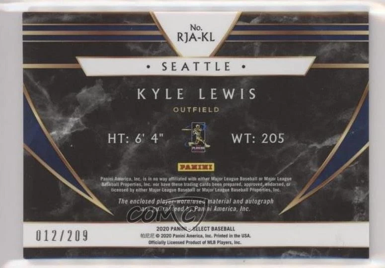 2020 Panini Select Rookie Jersey Auto /209 Kyle Lewis #RJA-KL Auto RC - Image 2 of 2