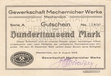 Mechernich Trade Union Works 100,000 Mark 1923 Used, No.11890, Perforated
