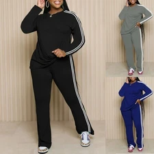 Womens 2pcs Outfits Crewneck Long Sleeve Tops Flare Pants Lounge Sets Casual Set