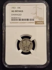 1921 10C Mercury Silver Dime Graded by NGC as AG Details