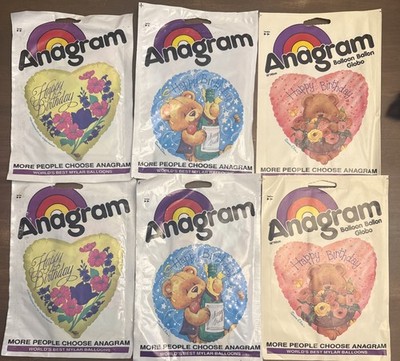 6 Vintage Anagram Mylar 18  Balloons- Happy Birthday, B