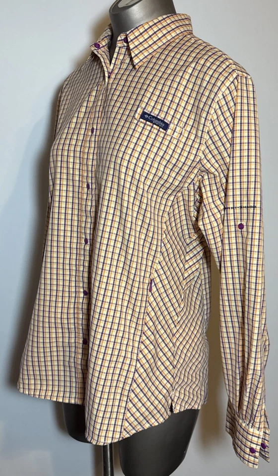 Camisa a Cuadros Columbia Super Tamiami PFG Omni Tono L Grande Púrpura Amarillo Pesca Foto 2 de 4