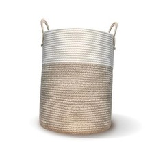 Cotton Rope Storage Basket, Large Woven Laundry Hamper with Handles, White and