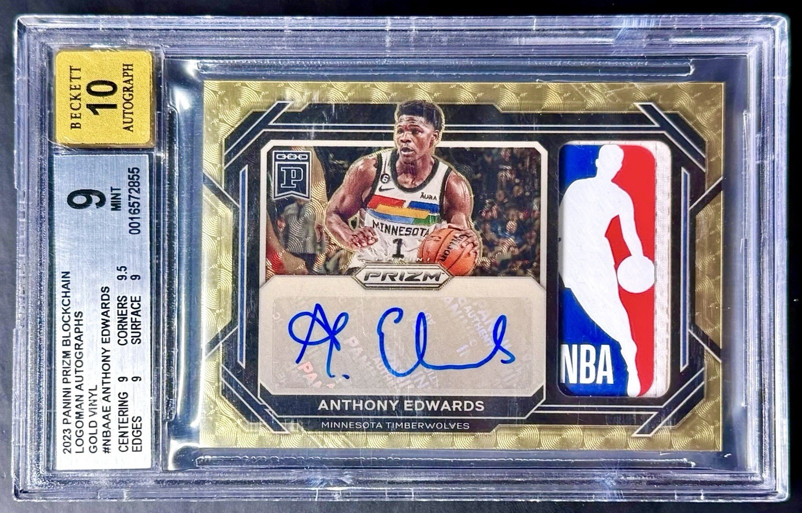 2023 Prizm Blockchain ANTHONY EDWARDS 1/1 Gold Vinyl Logoman Patch Auto BGS 9/10 view 1