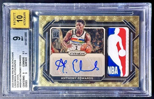 2023 Prizm Blockchain ANTHONY EDWARDS 1/1 Gold Vinyl Logoman Patch Auto BGS 9/10