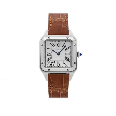 Cartier Santos Dumont Steel Quartz Silver Dial Brown Strap Watch WSSA0023