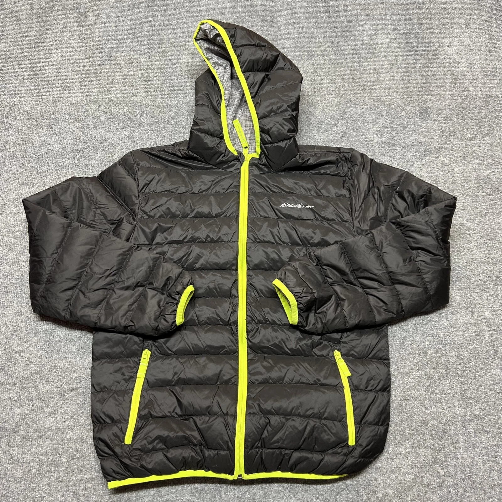 Eddie Bauer Jacket Youth Medium Black Hooded Down Puffer Full Zip Reversible