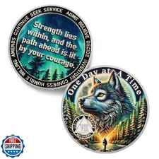 One Day at a Time 7 Year Sobriety Coin - Recovery Aurora Forest Wolf AA Coins