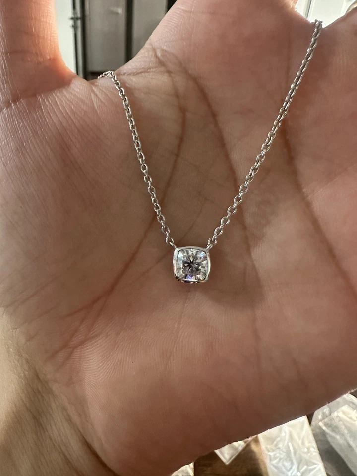 1.25ct Cushion Cut Moissanite Pendant Bezel Set Necklace 14K White Gold Trendy - Image 2 of 4