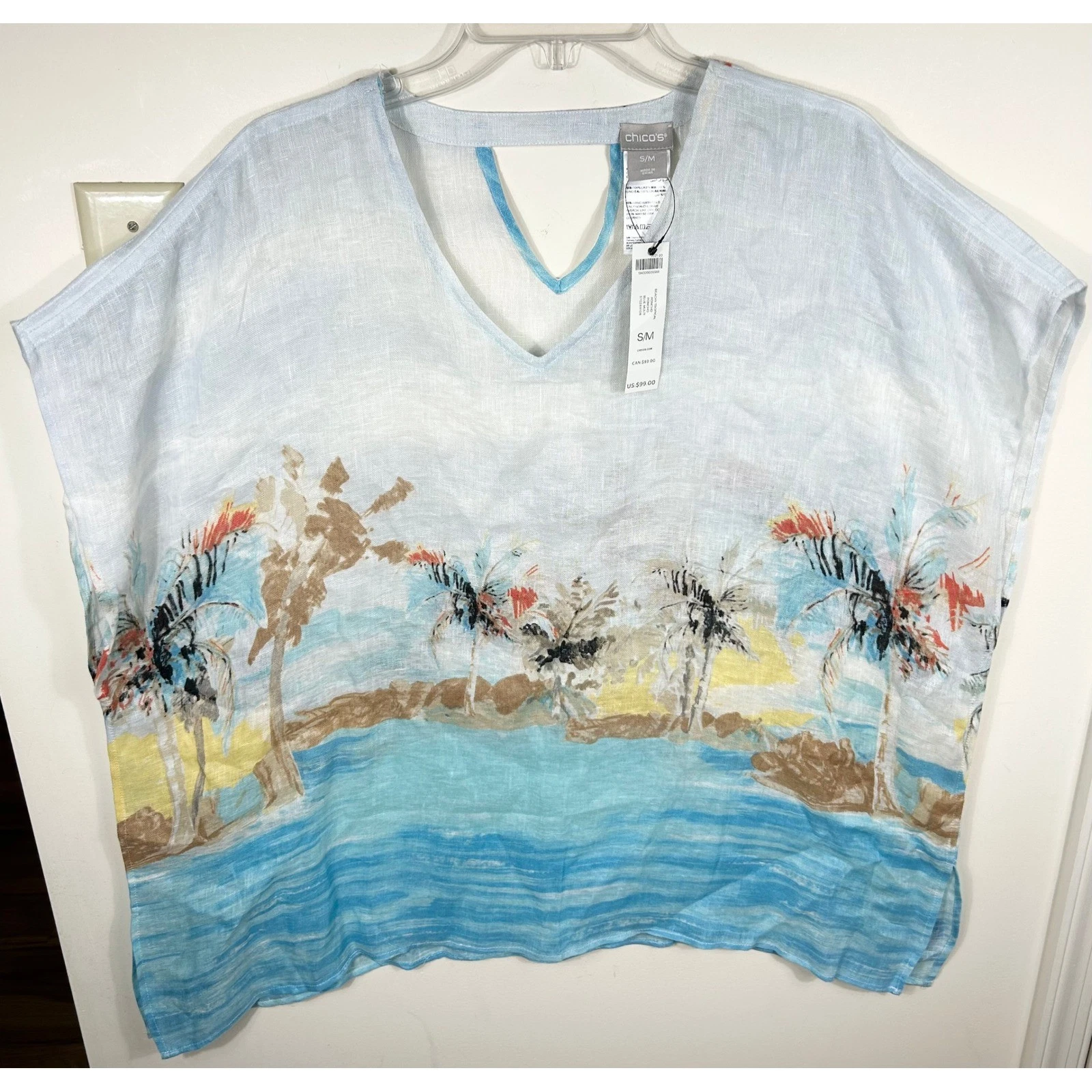 Chico's Linen Poncho Top Women S/M Blue Beachy Tropical Coastal Grandma Resort