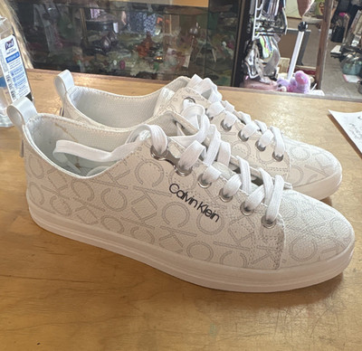 Calvin Klein Men's White Logo Print Canvas Lace-Up Sneakers US 7.5 M