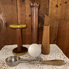 Antique Industrial Wooden Bobbins Spools~VTG Ice Cream Scoop ~VTG Pet Milk