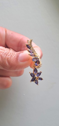 Solid Sterling Silver 925 Natural Iolite Earrings 18K Yellow Gold-Plated NEW - Picture 3 of 6