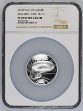 ​STAR TREK USS ENTERPRISE 2016 TUVALU 5oz SILVER COIN $8 NGC PF 70 HIGH RELIEF