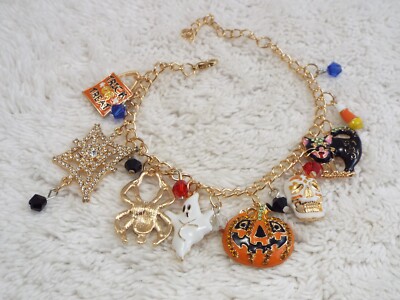 Goldtone Rhinestone Enamel Colorful Halloween Charm Bracelet