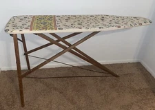 Antique Wooden Folding Ironing Board Nice Hardware w Floral Magla Iron Glide Pad