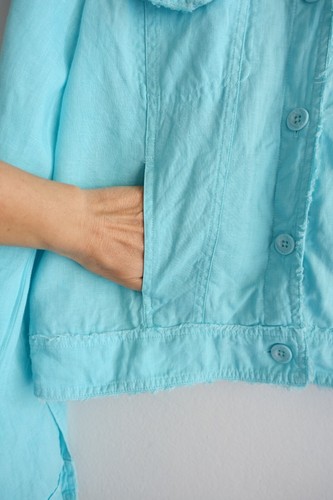 Tommy Bahama Linen Jacket Womens Small 8 10 Sea Blue Trucker Pockets Frayed SPOT - Picture 5 of 21