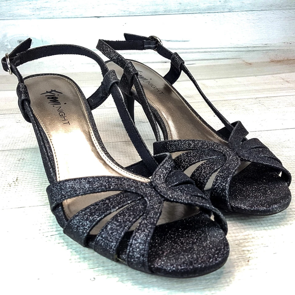 Fioni Negro Brillo Elegante Negro Tacón Eslinga Espalda Sandalia Talla 9 con Conjunto de Bolso de Noche Foto 3 de 4