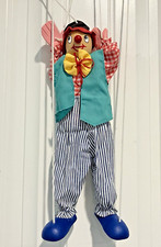 Vintage Collectible Wooden MARIONETTE CLOWN Puppet Striped Pants Red Hat 18"