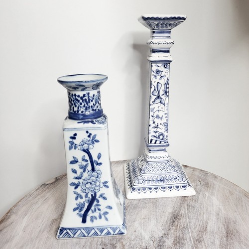 Vtg Floral Conimbriga Pottery Portugal Blue Column Candlestick Hand Painted 11" - Picture 2 of 12