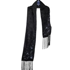Cejon Velvet Scarf Floral sequins Beads Fringe ends whimsigoth Dark Fairy