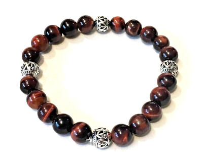 Handmade Unisex 8mm Red Tiger Eye & Four .925 Tibetan Silver Bali Bead Bracelet