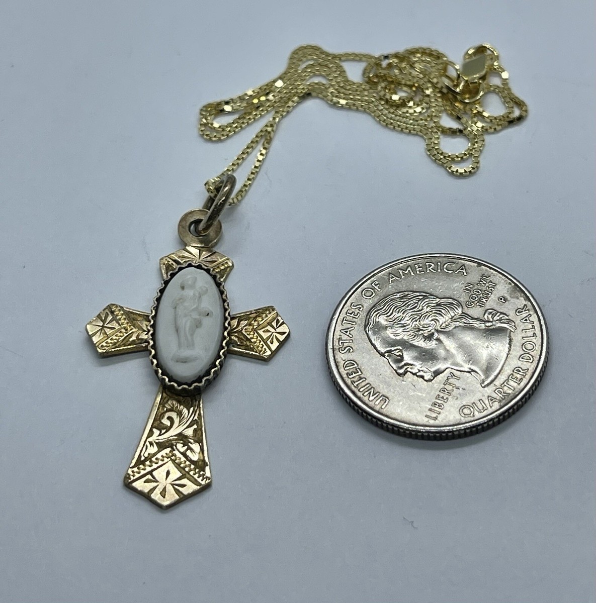 Victorian Engraved RG Applied Art Glass Cameo Christain Cross Pendant Necklace View 6