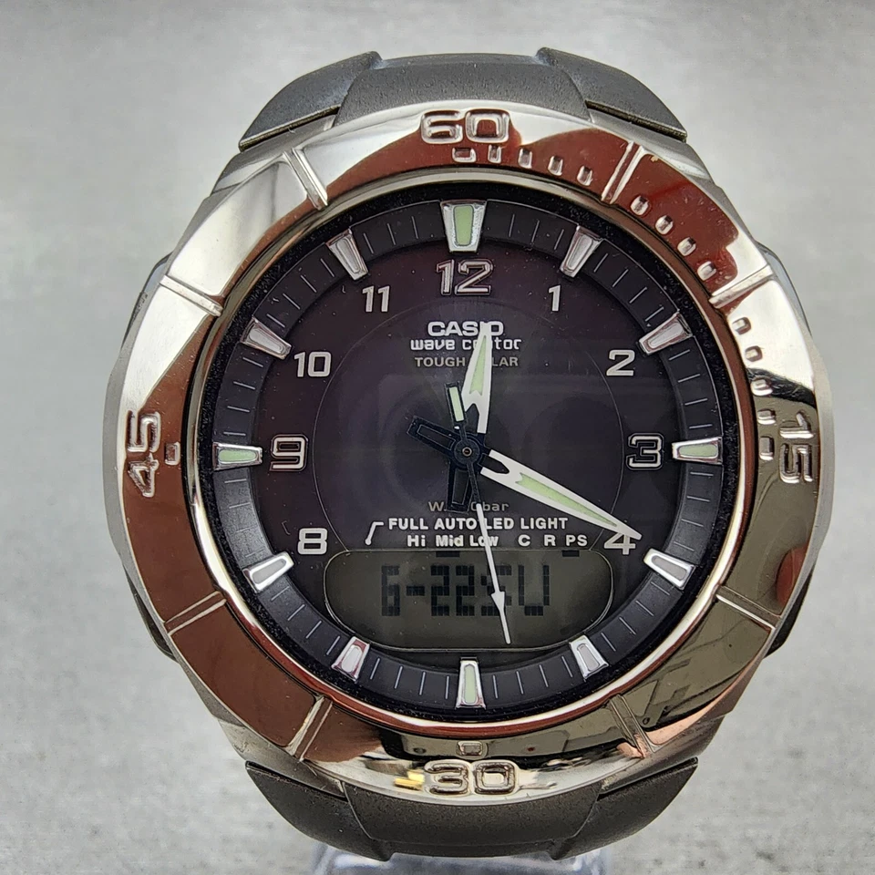 Relógio Casio Wave Ceptor WVA-410TJ masculino 43mm analógico digital titânio alarme funciona - Imagem 2 de 4