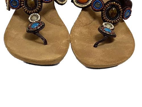 Minnetonka sandali donna pelle marrone abbellimenti pietre e perline taglia 9 - Foto 4 di 10