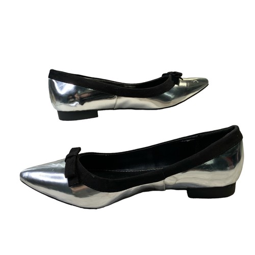 Lane Bryant Silver Ballet Flat Black Trim Vegan Pointed Toe Slip On Shoe 10W - Picture 4 of 12