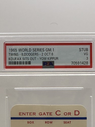 10/6 1965 World Series Sandy Koufax Sits Out Yom Kippur Twins Dodgers Ticket PSA - Picture 4 of 10