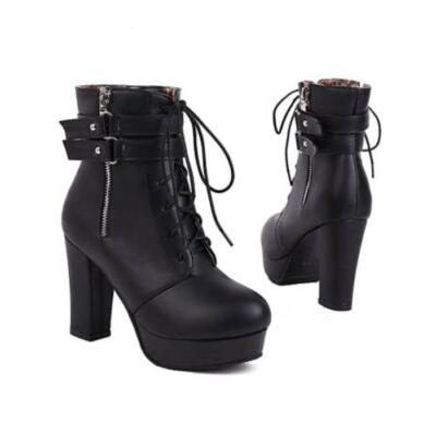 Women's Platform Ankle Boots Lace Up Casual Shoes Round Toe