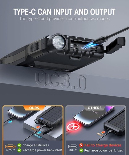 20000mAh Solar Power Bank with QC3.0 Fast Charge, Flashlight, Portable Charger - Photo 10 sur 22