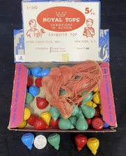 60 Vintage Old Store Stock Miniature  Size Colorful Wooden Tops in Store Display
