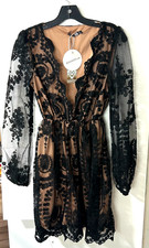 NEW BOO HOO BLACK LACE BOUTIQUE  PLUNGE SKATER DRESS SZ 8 FAIRY GOTH MINI