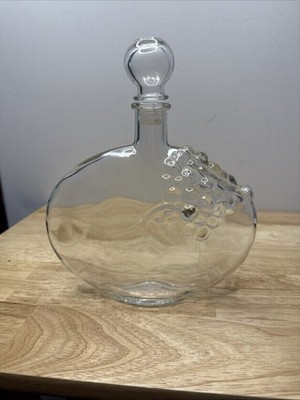 Vintage Mod Dep Clear Glass Decanter Bottle Embossed Grapes Over One Side Italy