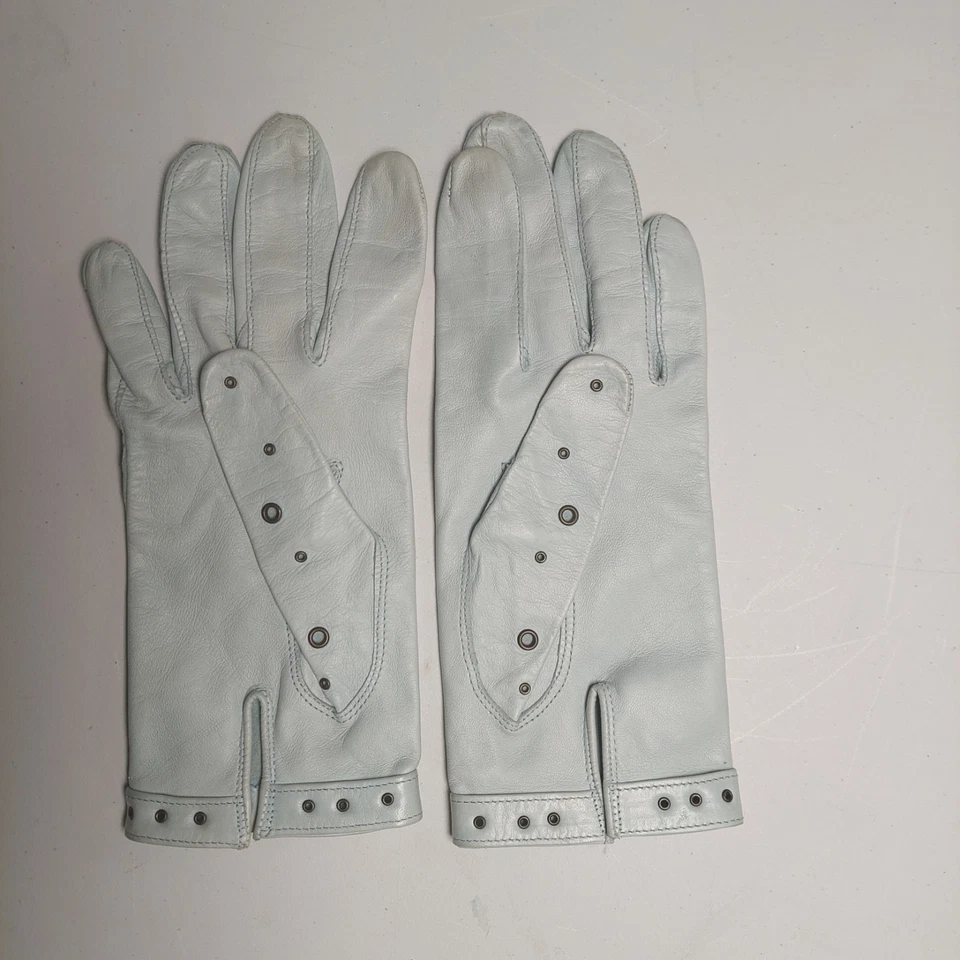 Guantes de cuero vintage Giorgio Sermoneta para niños talla 7 azul pálido con ojales de metal Foto 2 de 4