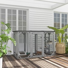 Cat Cage Wooden Pet Enclosure with Waterproof Roof, Platforms, Lock, Grey