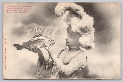 1910s French Poisson d' Avril Postcard - April Fools Day - April Fish, Woman Hat