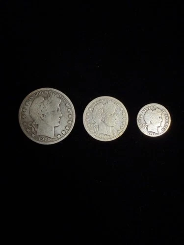 1910 Barber Quarter + 1910s Barber Dime & Half Dollar – 3 Coin Silver Lot – 90%