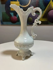 Vintage White Ceramic Ornate Pitcher Vase with Handle, Footed, 18” Tall