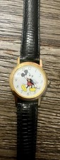 DISNEY STORE MICKEY MOUSE QUARTZ WATCH Crystal Vintage Old Leather Working Gold