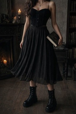 Vintage Black Shimmer Accordion Pleated Midi Skirt Medium Whimsigoth Fairy Y2K