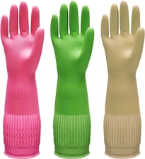 3 Pairs of Rubber Dishwashing Gloves for Kitchen and Household Cleaning – Long C
