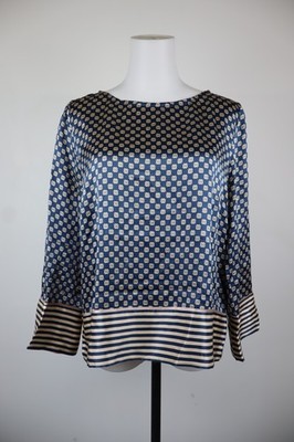 MARELLA Damen Bluse Langarm TG 44 Casual Vintage Farbeblock Logo Seide