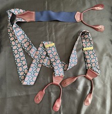 Vintage Men Pelican Suspenders Black Leather Button Braces Silk Navy Abstract